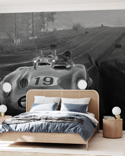 Le Mans Racing BW tapet cu design retro in alb si negru, cu un automobil clasic de curse Le Mans, care traversează un drum rural.