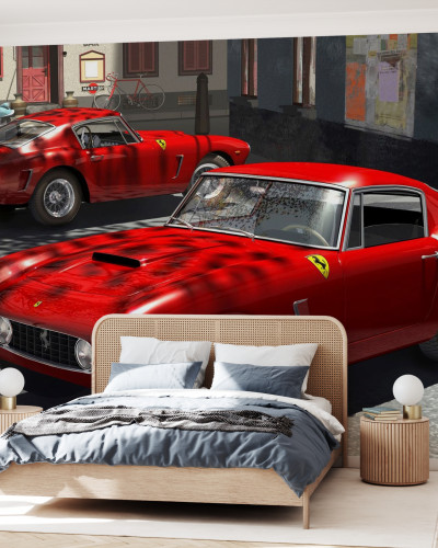 Imagine cu tapetul "250GT's în Italia Piazza"  - două mașini Ferrari roșii strălucitoare, parcate în fața unui bar din Italia.