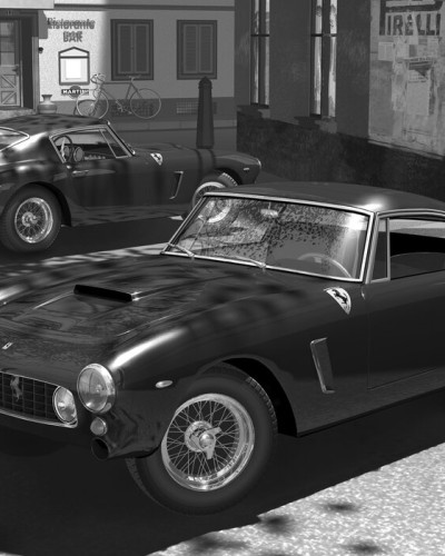 Tapet cu o imagine clasică a unei Ferrari 250GT care merge pe străzile din Italia.