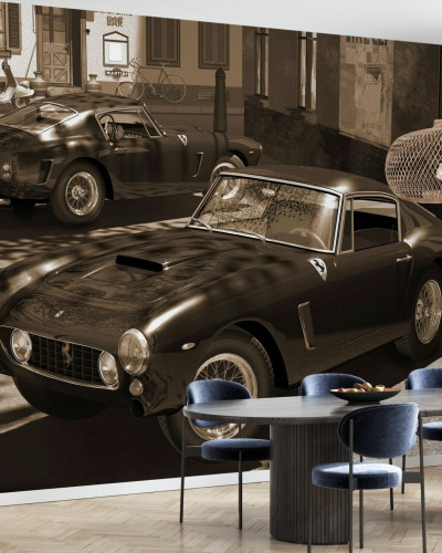 Tapet cu design retro cu două mașini Ferrari 250GT parcate pe o stradă pietruită din Italia, în tonuri sepia.