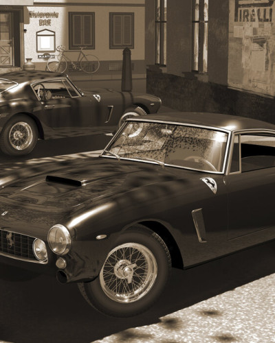 Tapet cu design retro cu două mașini Ferrari 250GT parcate pe o stradă pietruită din Italia, în tonuri sepia.