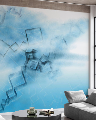 Tapet abstract cu design modern și vibrant, Blue Game,  într-un living luminos.