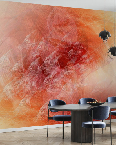 Tapet abstract cu linii curgătoare în nuanțe de portocaliu. Tapetul este decorat cu linii subtile care creează un efect dinamic și modern.