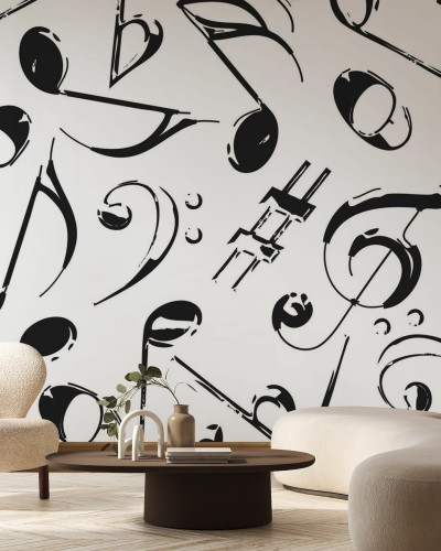 Tapet Grunge Musical Notes cu note muzicale negre pe un fundal alb