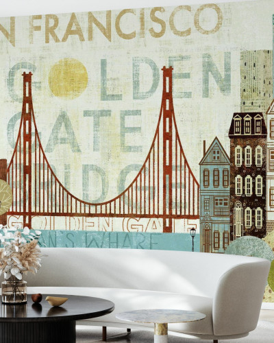 Tapet cu un design artistic al San Francisco, cu Podul Golden Gate, clădiri iconice și repere importante.