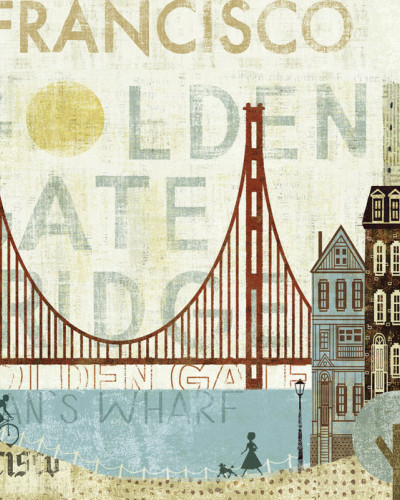 Tapet cu un design artistic al San Francisco, cu Podul Golden Gate, clădiri iconice și repere importante.