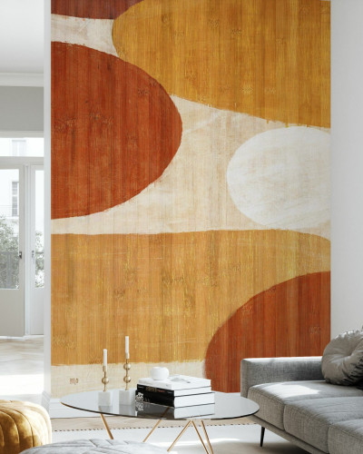 Tapet modern abstract Costa del Sol I cu cercuri de diferite marimi si culori calda, in living