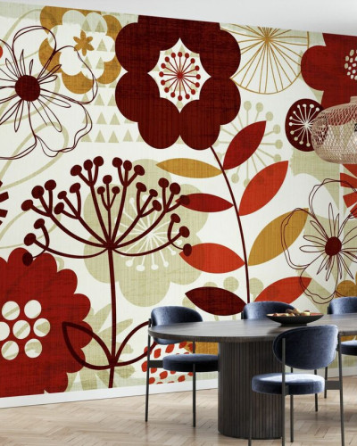 Tapet floral modern cu flori rosii si aurii