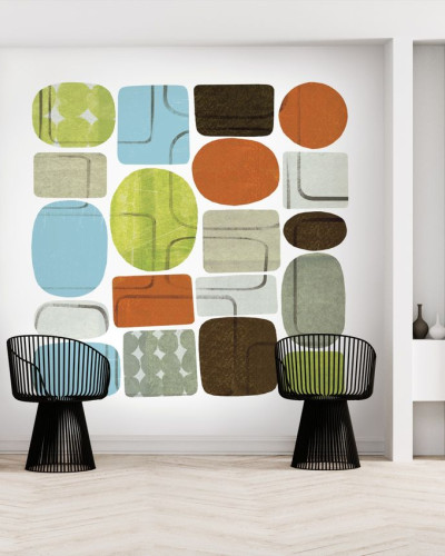 Beans modern cu forme geometrice  într-un hol modern cu pereți albi.