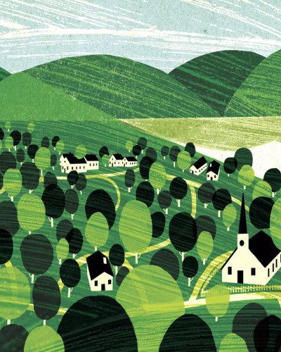 Tapet Vermont Landscape, cu un peisaj verde, dealuri, copaci si case mici.