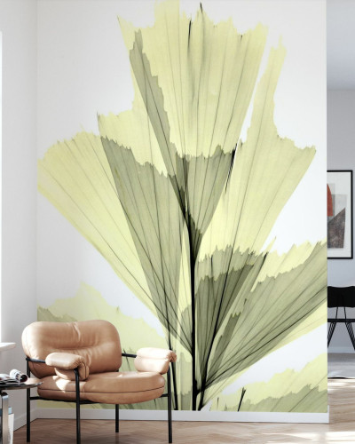 Tapet cu un design minimalist, cu un palmier in nuante de verde si galben, ideal pentru un interior modern.