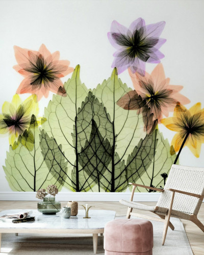 Un wallpaper modern, minimalist cu flori delicate si frunze transparente.