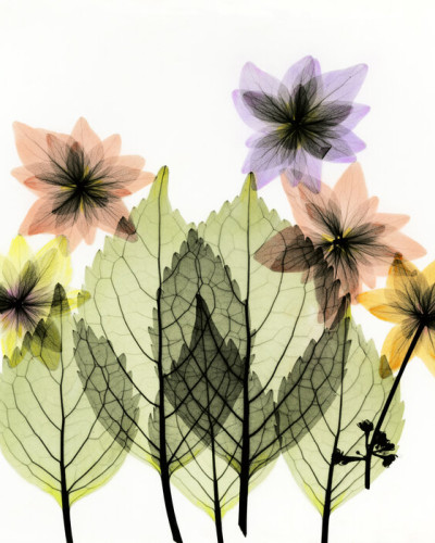 Un wallpaper modern, minimalist cu flori delicate si frunze transparente.
