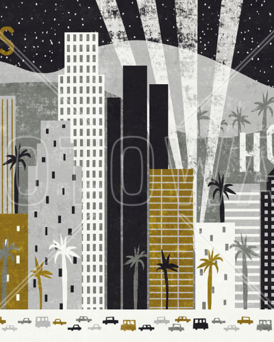 Fototapet Hey Los Angeles cu un orizont minimalist din Los Angeles, palmieri, și mașini.