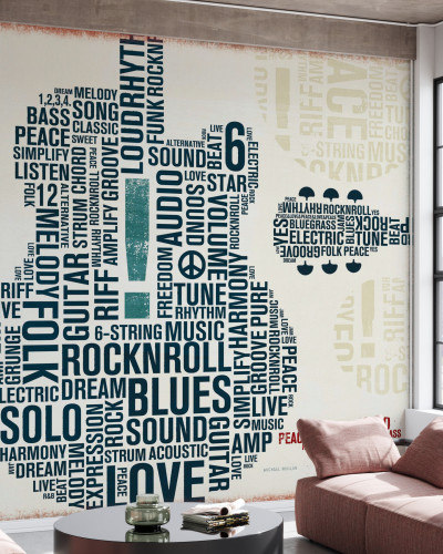 Tapet cu chitară electrică formată din cuvinte din lumea muzicii. Design industrial chic cu vibe energic.