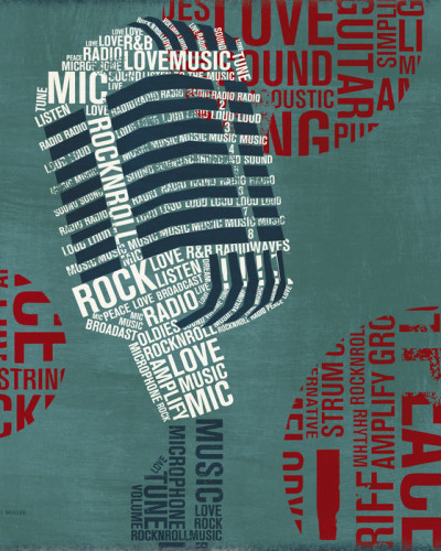 Wallpaper cu design modern cu microfon format din cuvinte legate de muzică, pe un fundal verde turcoaz.