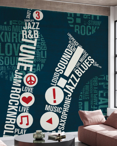 Tapet cu design abstract inspirat de muzică. Cuvintele tapetului se îmbină perfect, creând un efect vizual deosebit.  Culorile tapetului sunt vibrante și adaugă un strop de energie oricărei încăperi.