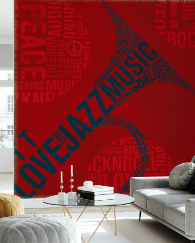 Tapet cu design modern - Trompeta muzicala, tapet rosu cu cuvinte referitoare la muzica, tapet pentru living sau dormitor