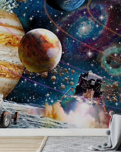 Tapet Space Odyssey: Imaginea prezintă o stație spațială, o navă spațială care decolează, asteroizi, stele, nebuloase și planete.