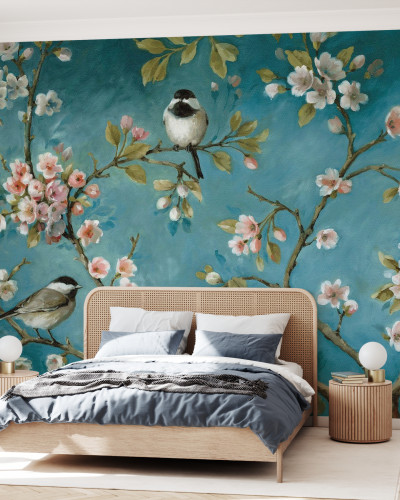 Tapet cu flori și păsări Blossom, decor floral, natură, relaxare, eleganță, design modern, living