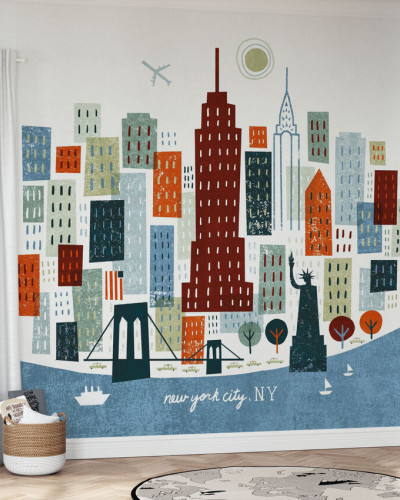 Wallpaper Colorful New York, ilustrând clădirile impunătoare ale orașului New York, inclusiv celebra Statuie a Libertății.