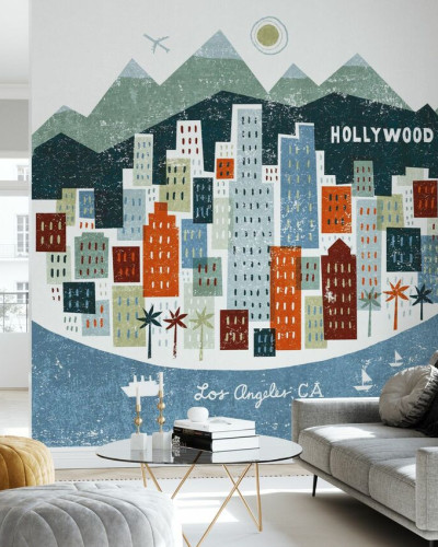 Tapet cu design urban din Los Angeles, cu clădiri colorate și palmieri.