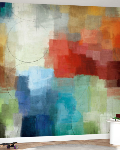 Tapet Seasons cu un design abstract modern, cu nuanțe vibrante de verde, albastru, roșu și galben.