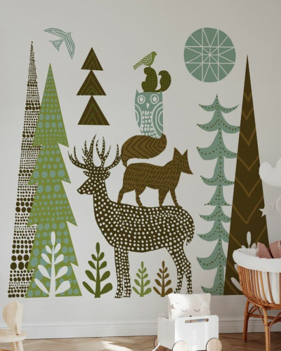 Tapet Forest Folklore Green Animals 1 cu animale din pădure, perfect pentru camera copiilor