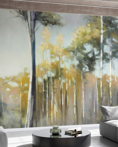 Imagine cu tapetul Aspen Reverie care ilustrează o pădure cu o lumină caldă și o atmosferă liniștită.