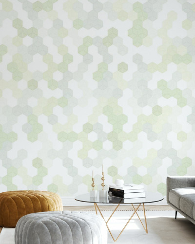Tapet hexagonal cu design geometric simplu, în tonuri de verde deschis și alb.