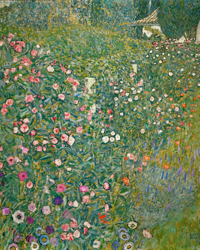 Tapet cu design inspirat de Gustav Klimt - Grădină italiană,  cu o imagine vibrantă cu flori în culori intense