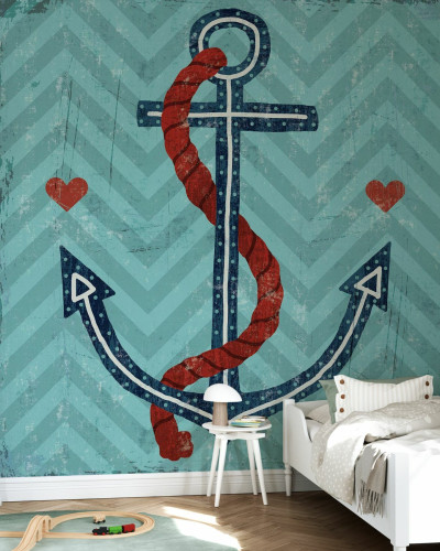 Tapet Nautical Love Anchor cu o ancoră simplă, dar elegantă, pe un fundal cu chevron.