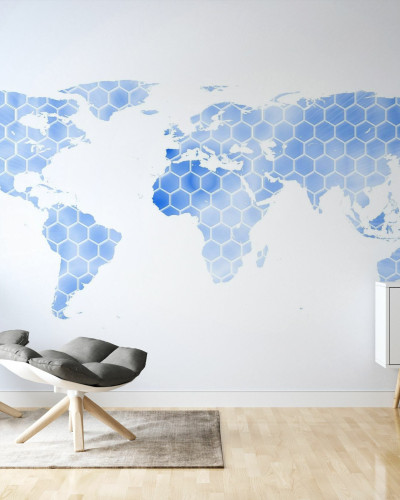 Blue Hexagon World Map, hartă a lumii cu design modern, tapet, tapet perete, decorațiuni interioare