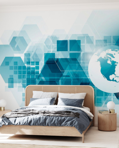 Wallpaper cu glob pământesc și fundal geometric modern, perfect pentru a adăuga un strop de stil și eleganță dormitorului sau livingului dumneavoastră. Combinația unică de culori și texturi creează un aspect contemporan, care va atrage privirile tuturor.