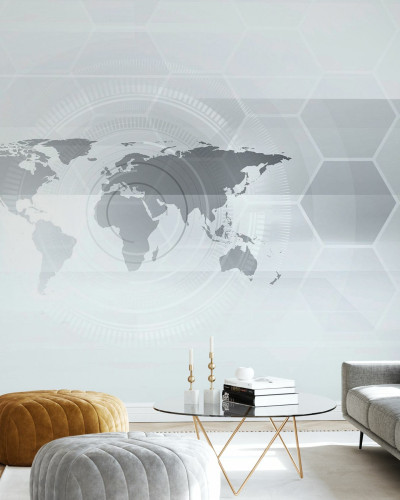 Wallpaper Hexagon World Map cu harta lumii intr-un design geometric minimalist, decor modern
