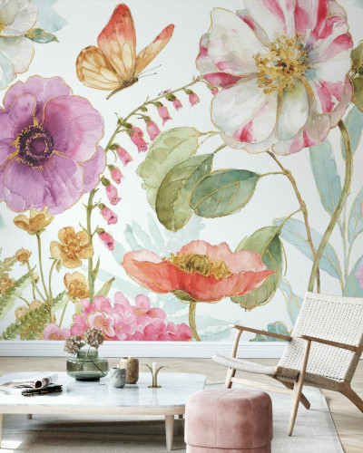Tapet floral cu flori colorate si fluturi.