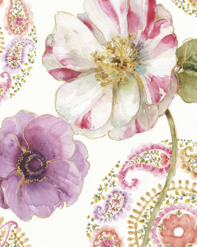 Tapet floral cu flori paisley roz, mov si auriu.