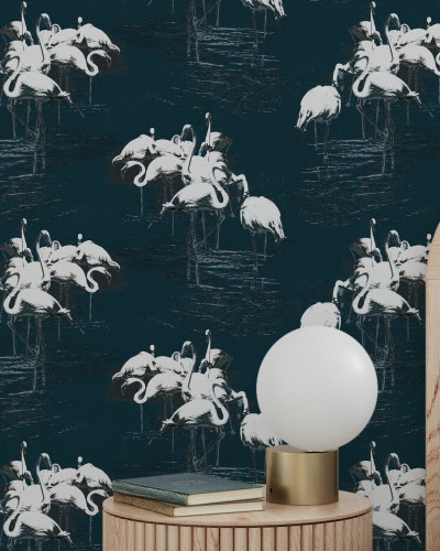 Flamingo White tapet cu flamingo albi pe un fundal albastru