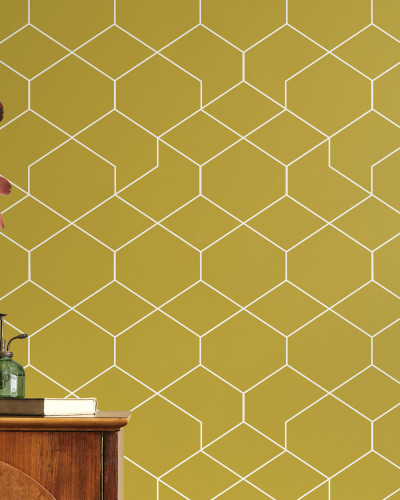 Tapet cu model geometric hexagonal, galben cu linii albe