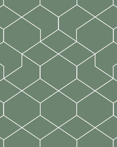 Tapet geometric modern Honeycomb Green, cu linii fine, în nuanțe de verde.