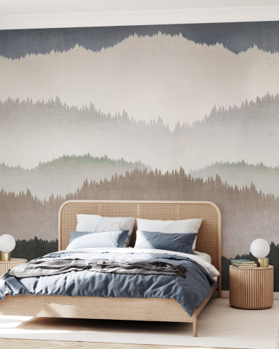 Tapet Landscape Greige, design minimalist cu motive de copaci si munti intr-o paleta de culori gri-bej.