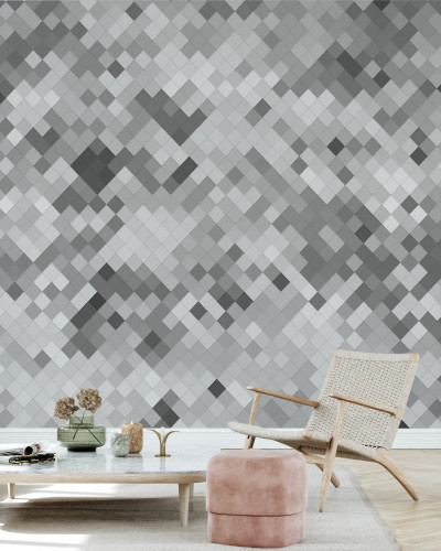 Tapet modern cu design geometric Tile Grey, în culori neutre, perfect pentru living