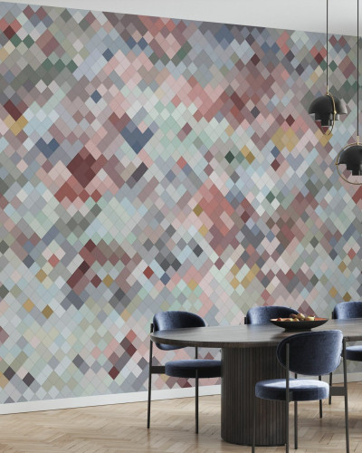 Un tapet geometric modern cu nuanțe delicate de roz, gri, albastru și verde.