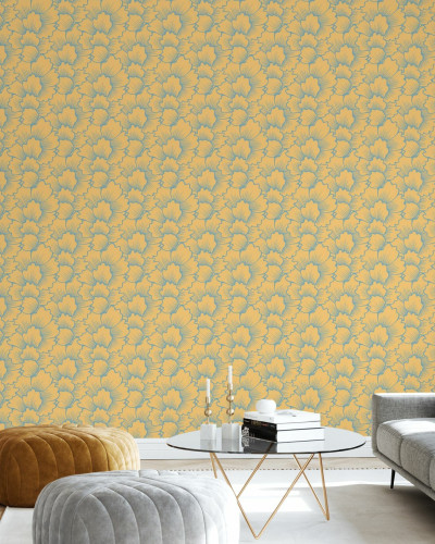 Tapet floral modern Mostly Coral Blue on Yellow