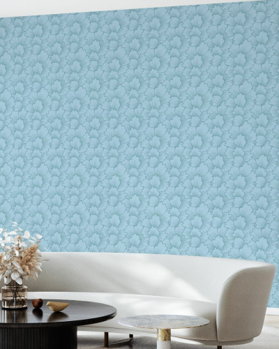 Tapet floral cu flori mari, albastru deschis, pentru un decor elegant si rafinat.