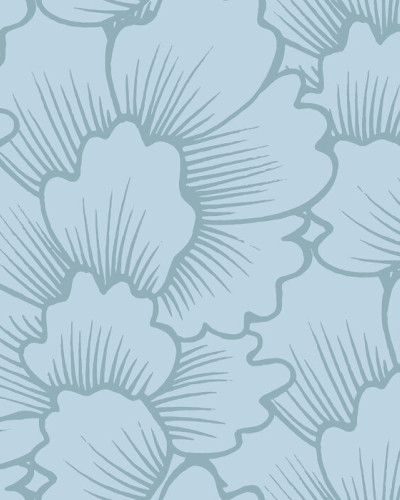 Tapet floral cu flori mari, albastru deschis, pentru un decor elegant si rafinat.