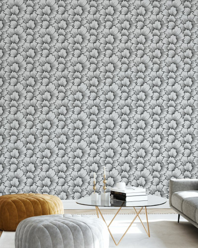 Tapet cu model floral geometric în negru pe gri deschis