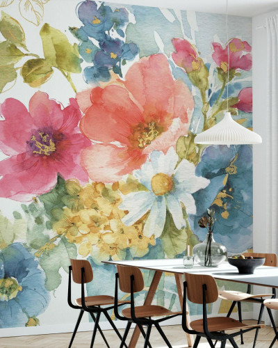 Tapet floral acuarela cu flori roz, albastre si galbene, perfect pentru living sau dormitor