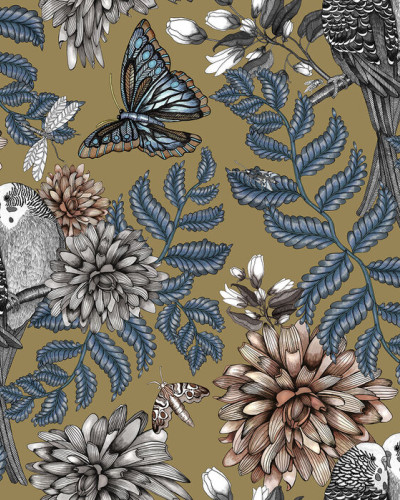 Lovebirds Gold tapet cu model floral și păsări