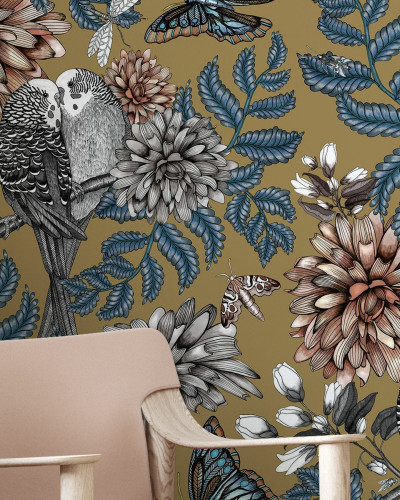 Lovebirds Gold - tapet floral cu fluturi